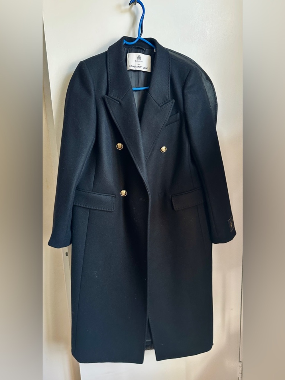 Aritzia Black Double-Breasted Wool Coat with Gold Buttons